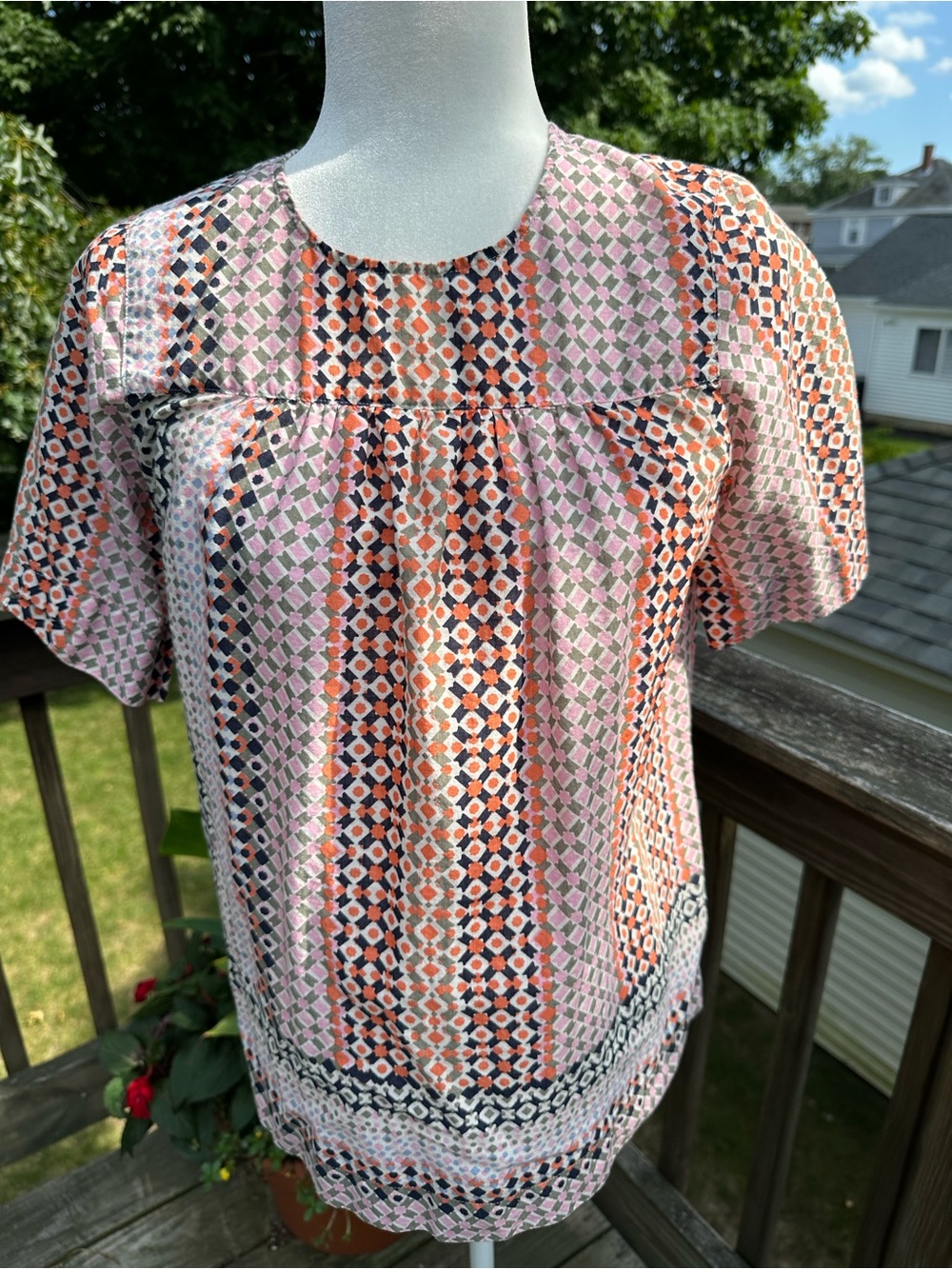 JCrew Geometric Tile Print Cotton Blouse Short Sleeve Yoke Top Pink Orange  Sz 4